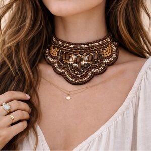 Boho Tribal Beaded Choker Necklace Brown Earth Tones Handmade Vintage